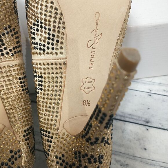 Report Signature Woman's SZ 6.5 Parker Gold Black Rhinestone Leopard Stilettos - Picture 6 of 9